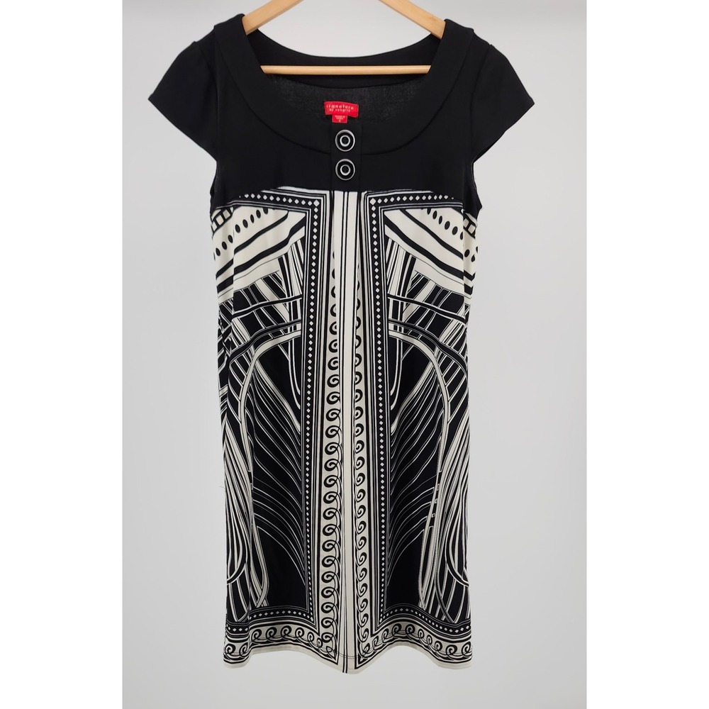 Signature by Sangria Black White Geometric Art Deco Cap Sleeve Shift Dress 6